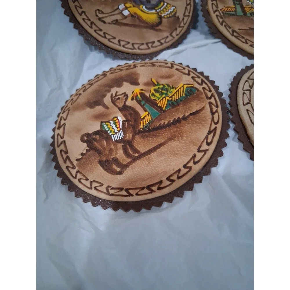 Vintage Andean Leather Coaster Set Of 4 Handpainted Designs Colorful 3.5 
